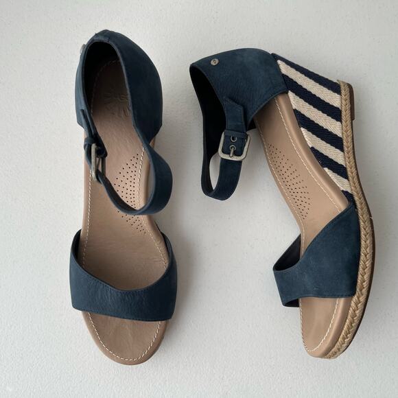 Ugg Atasha Striped Espadrille Wedge Sandals Nubuck Leather Size 10 Blue Nautical - Picture 3 of 13